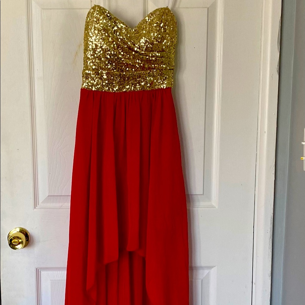 Red and Gold high-low event dress.